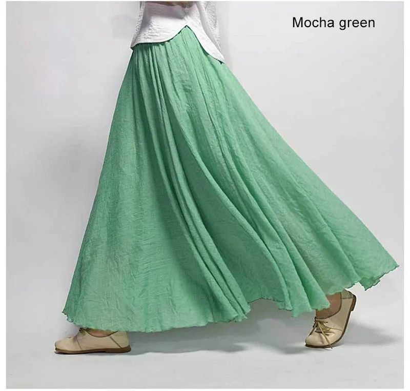 Mocha green Японский стиль, Однотонная юбка с высокой талией для женщин, женские макси юбки, повседневные, эластичная резинка на талии, 2 слоя, красные, льняные, длинные юбки, saias P1 - Цвет: Mocha green