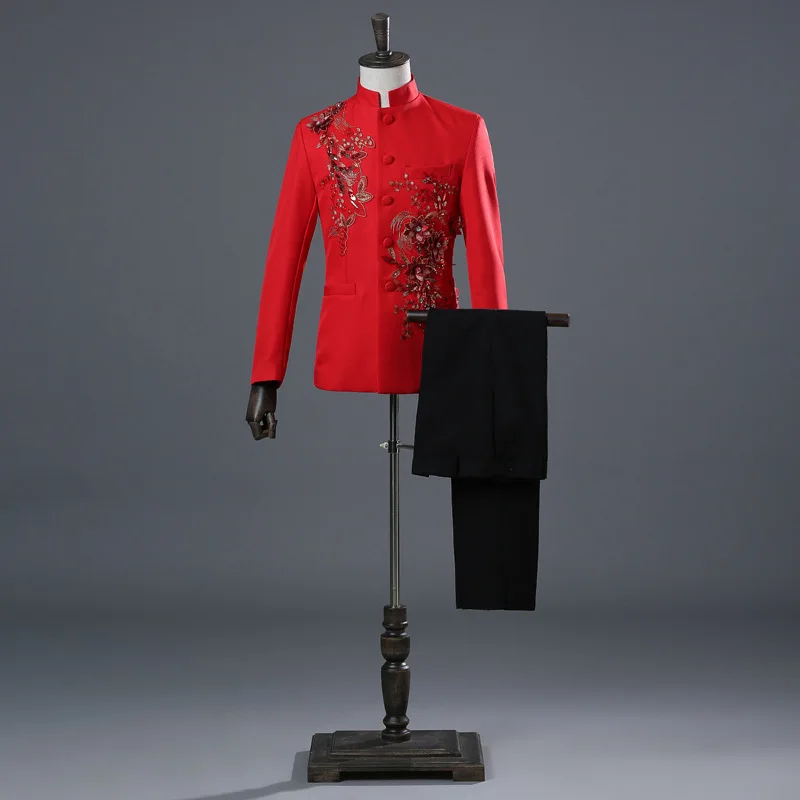 Мужской свадебный блейзер с воротником стойкой двусторонний 3D вышивкой и