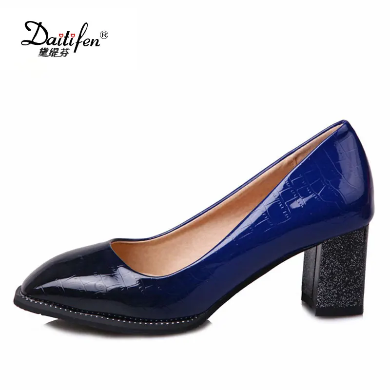 Daitifen 2018 size 33-44 mixed color patent leather women pumps fashion square toe thick heels shallow elegant office shoes | Обувь