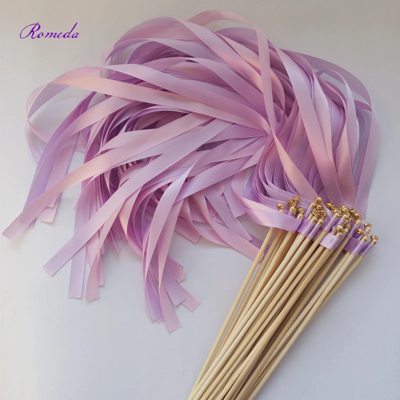 

Newest 50pcs/lot Purple and Light Purple wedding ribbon stick wands with gold bell for wedding decoration
