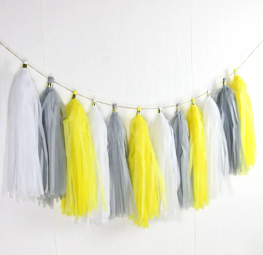 16pcs Yellow Gray and White Tissue Tassel Garland - Buttercup Decoration Baby Boy Gender Neutral | Дом и сад