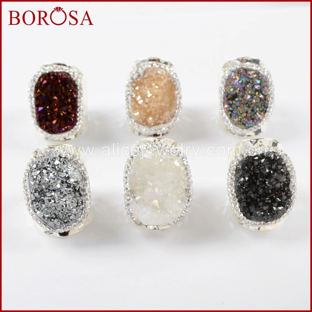 BOROSA 5/10 шт. новые Гальванические Радуга Druzy звенит горный хрусталь проложить Титан Druzy Серебряное кольцо украшения для Для женщин JAB939
