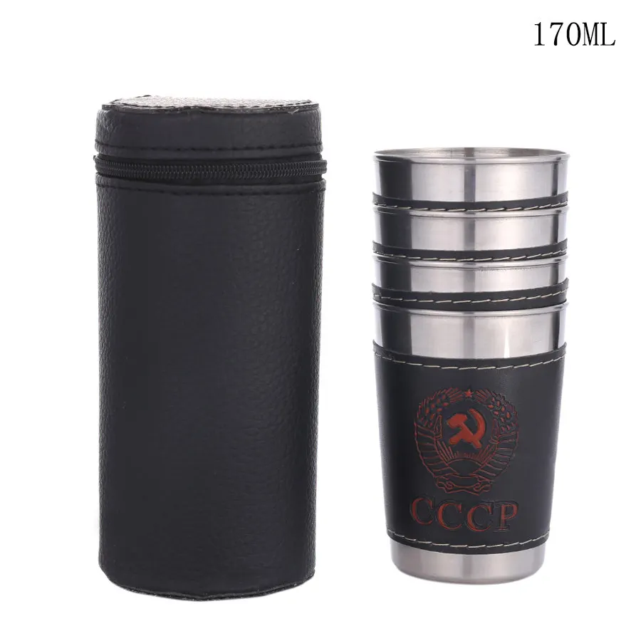 170ml XYKIT 4 шт. 170 мл Нержавеющая сталь чашка с кожаный чехол мини Портативный винный стакан для виски Отдых Путешествия Аксессуары чашки - Цвет: 170ml