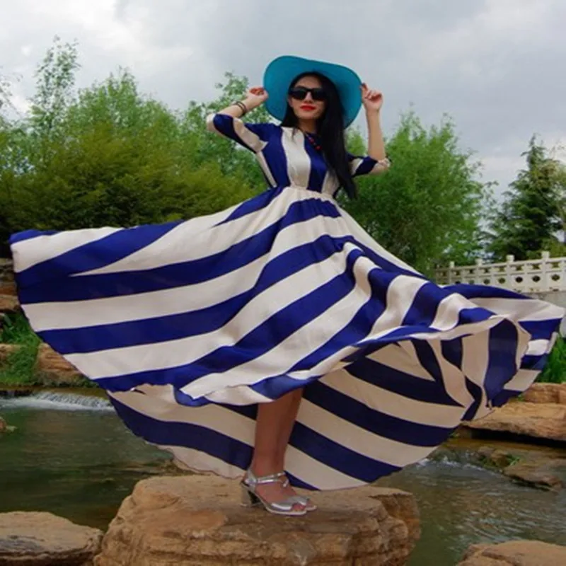 2017 Макси платье женское Элегантное Длинное Платье Полосатое шифоновое большой