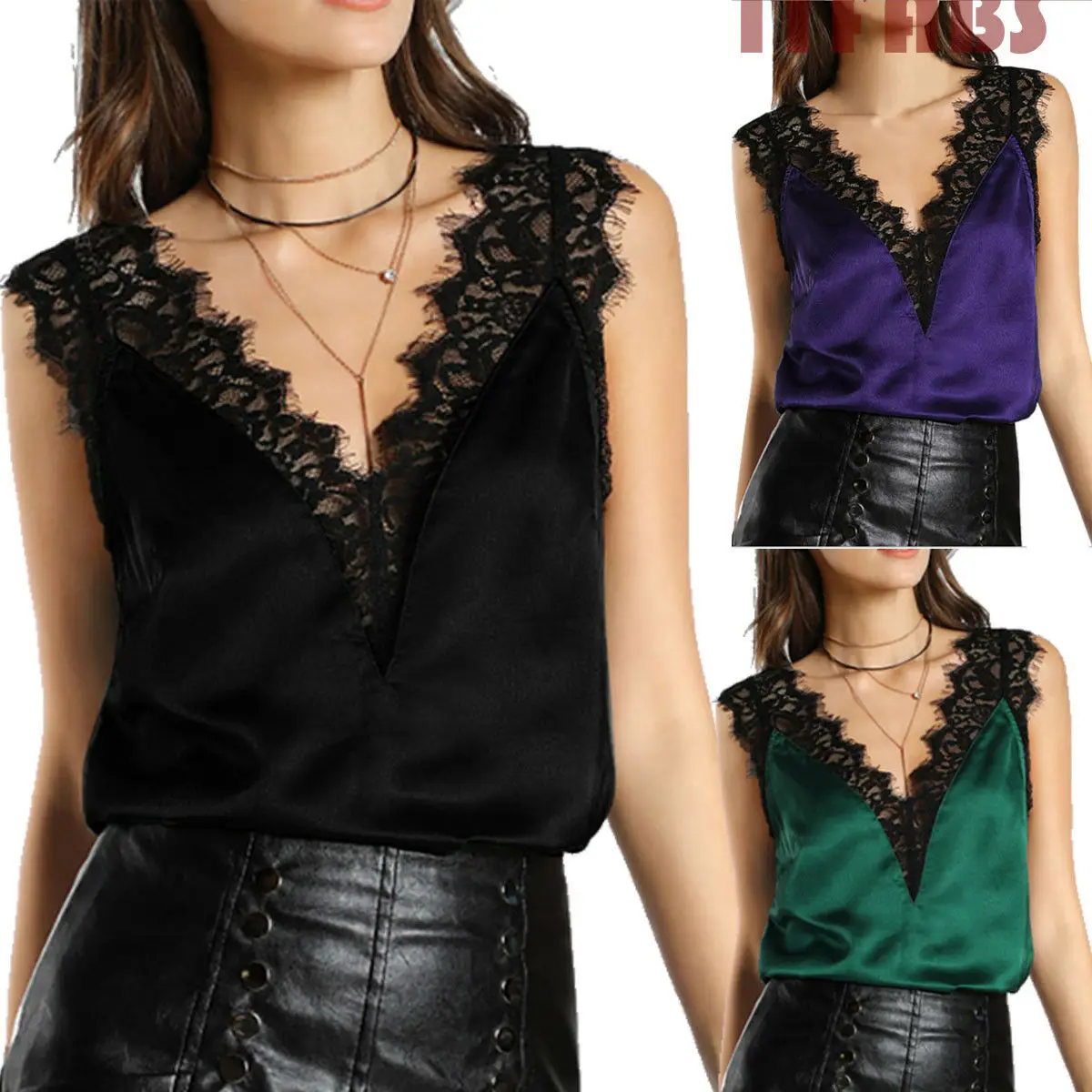 New Fashion Women's Casual Lace Patchwork Strappy Tank Tops Sleeveless V-Neck Party Black Cami Camisole Vest | Женская одежда