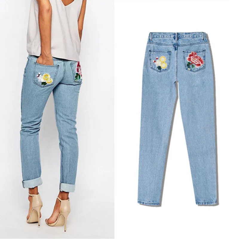 2018 женская одежда средняя талия Роза вышивка из чистого хлопка свободное прямые