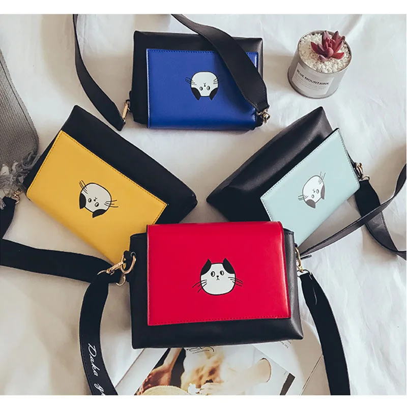 Women PU Leather Shoulder Bag Simple Flap Cute Cat Print Crossbody Messenger Bags LXX9 | Багаж и сумки