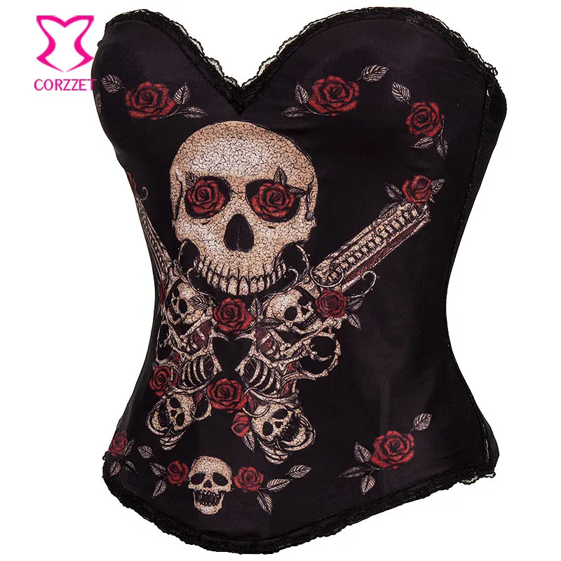 Хлопковые корсеты и бюстье с принтом красных роз цветов черепов сексуальный