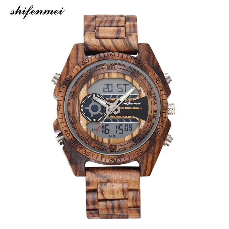 Shifenmei S2139W античные натуральные Цифровые мужские часы светодиодный дисплей Гравированные деревянные светящиеся наручные часы для мальчиков Брендовые мужские и женские