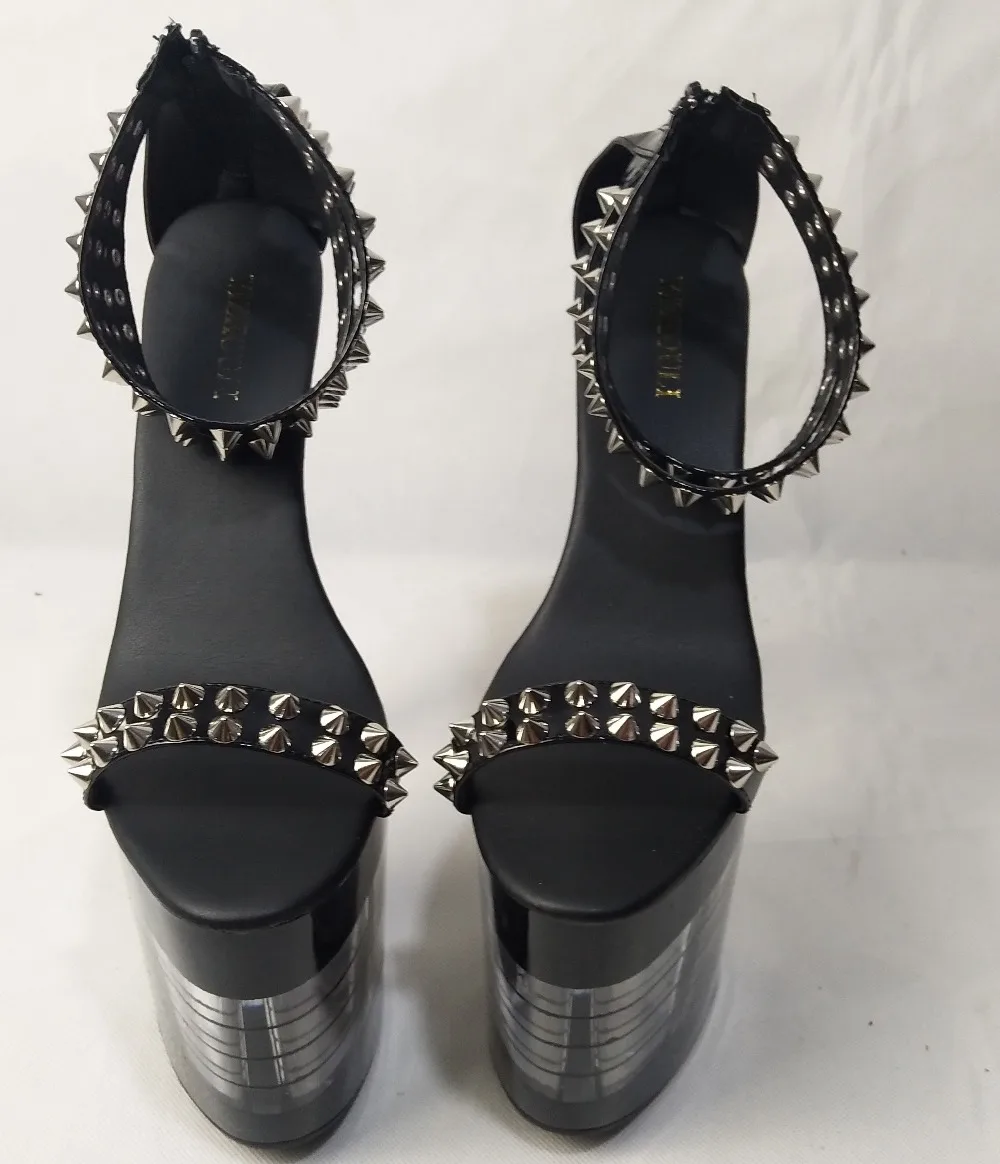 8-inch 20cm, black lacquered chic wedding heels, riveted sandals striped platform shoes