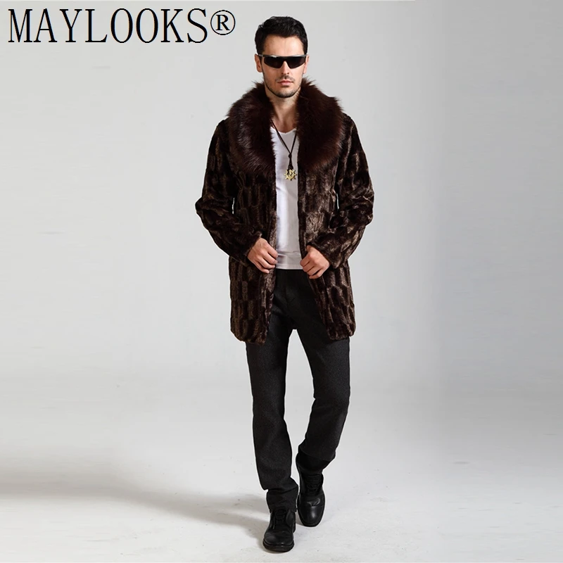 Мужское длинное пальто из искусственного меха коричневого цвета теплая и