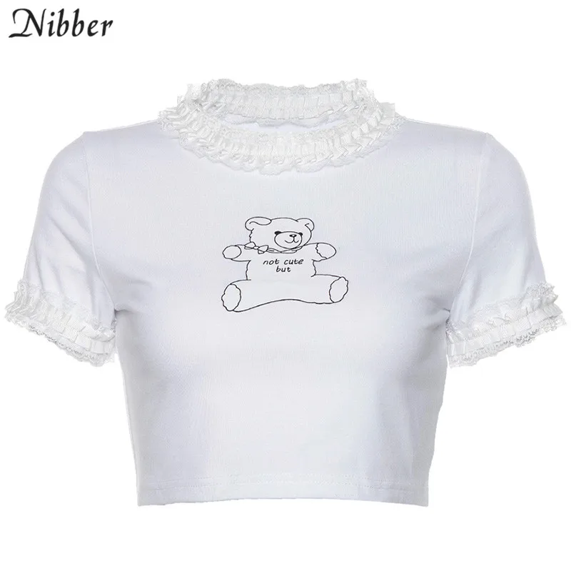 Белый Nibber/милые короткие топы с мультяшным принтом и кружевной отделкой; женские футболки; летние модные белые хлопковые футболки; mujer; базовые повседневные топы - Цвет: Белый