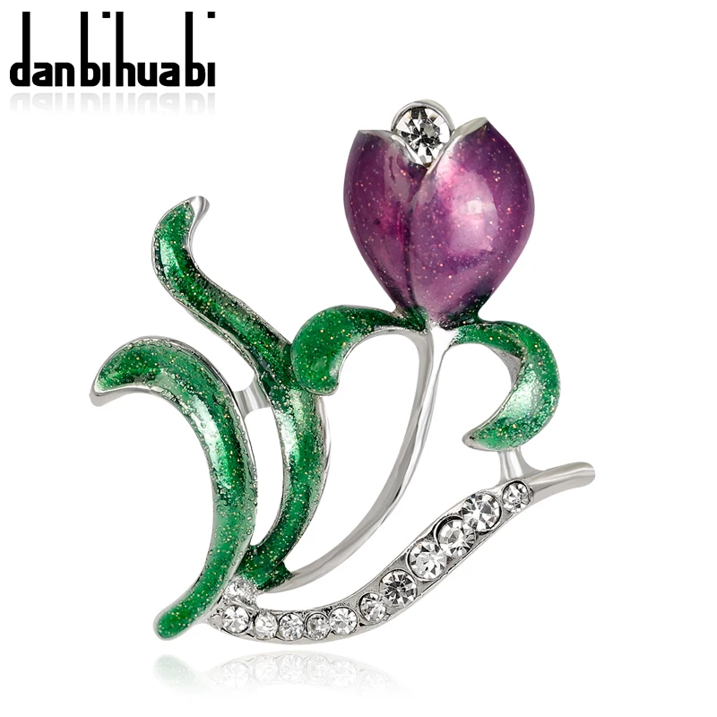 Danbihuabi Эмаль Фиолетовый цветок зеленый лист Красный Rhinestone Броши Для женщин