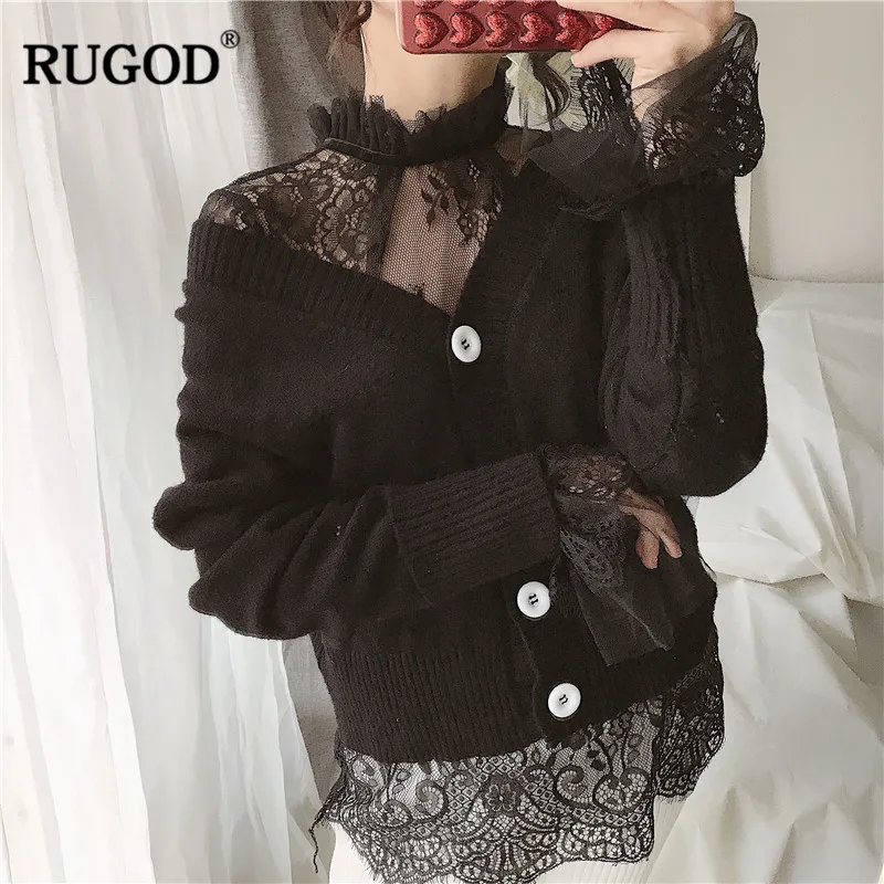 Новый вязаный свитер RUGOD с кружевными плечами воротником стойкой и длинным