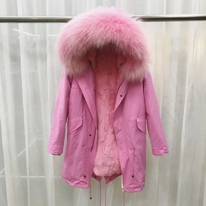Зимние Для женщин Длинная парка Натуральный мех пальто енота Мех животных