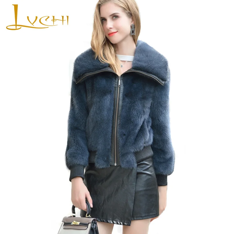 

LVCHI Winter Long Sleeve Zippers Turn-Down Collar Cross Mink Coat Real Fur Import Soft Natural Fur Women's Short Mink Coats