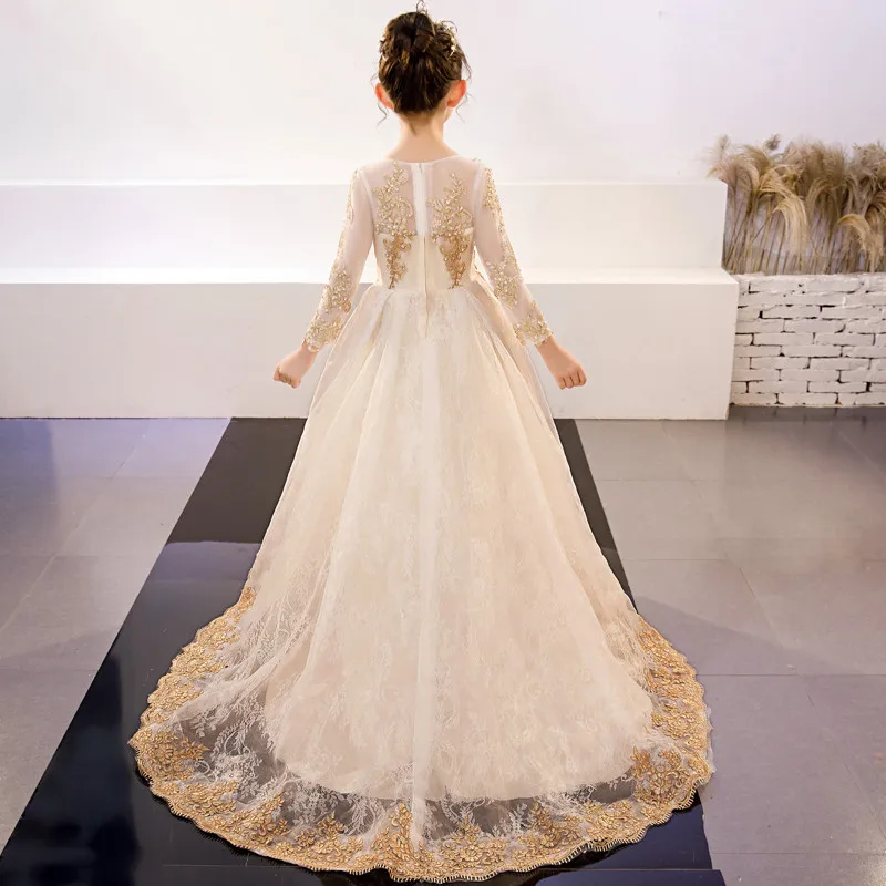 

Children Girls Luxury Embroidery Lace Model Show Performance Evening Party Long Tail Dress Kids Teens Golden Birthday Host Dress