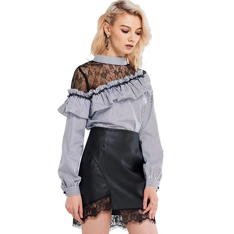 Darcydebie 2018 Women Sweet OL wind asymmetric inclined shoulder lace stitching perspective flounce shirt Lace Patchwork Blouse |