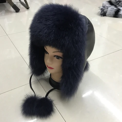 dark blue Для женщин из натурального Лисьего меховая шапка зимняя шапка ушанка шапка-ушанка России зимние ветра толстый Обувь на теплом меху с реальными Sleepskin кожаные кепки - Цвет: dark blue