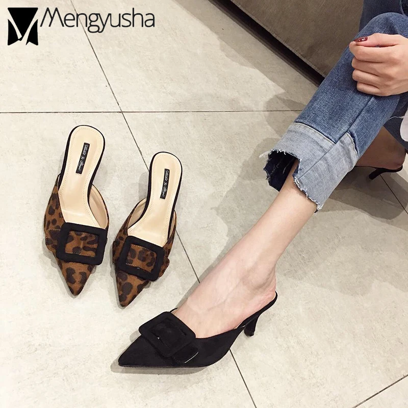 Pantuflas feminino Пряжка Леопард из флока женские туфли на шпильке однотонные