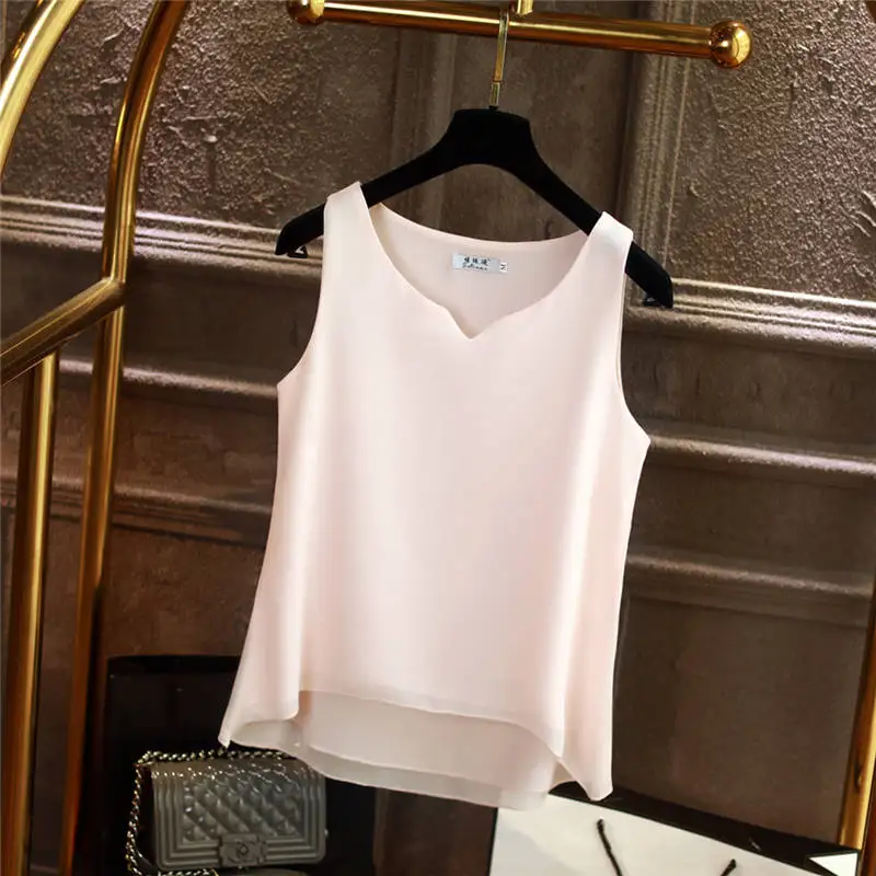 light pink Модная новая Брендовая женская блузка Летний шифон без рукавов рубашка однотонная с v-образным вырезом Повседневная Блузка размера плюс 5XL свободные женские топы - Цвет: light pink