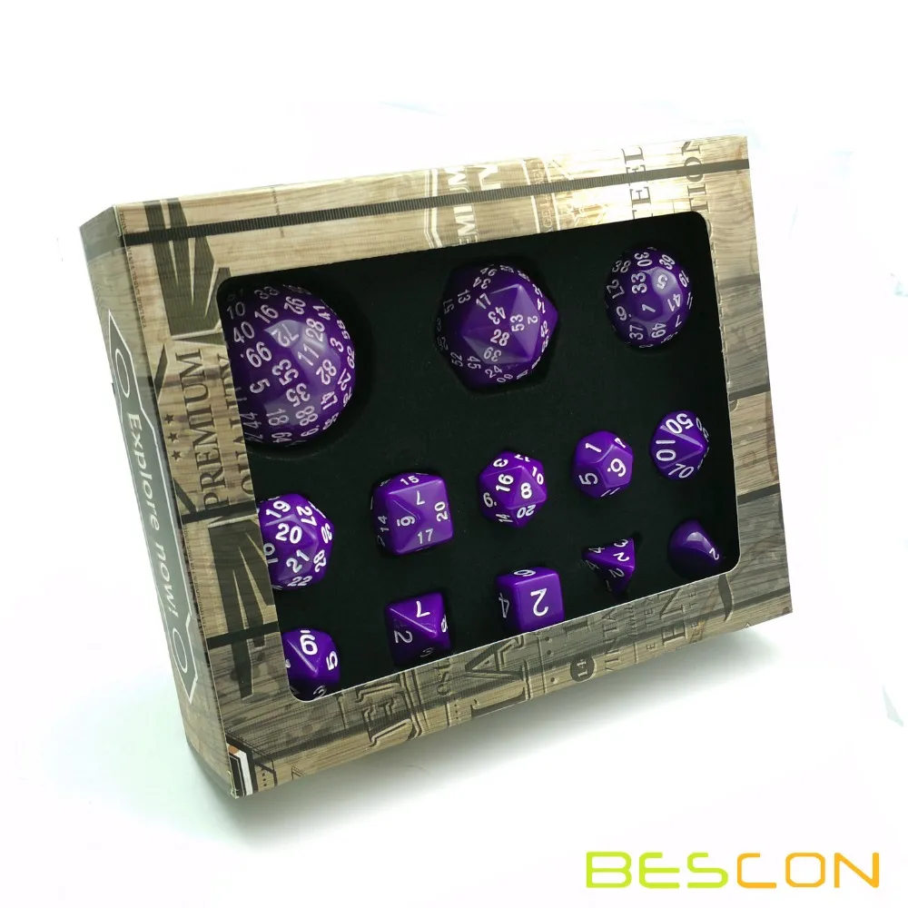 Bescon komple çokyüzlü RPG zar seti 13 adet D3-D100, 100 taraf zar seti katı mor