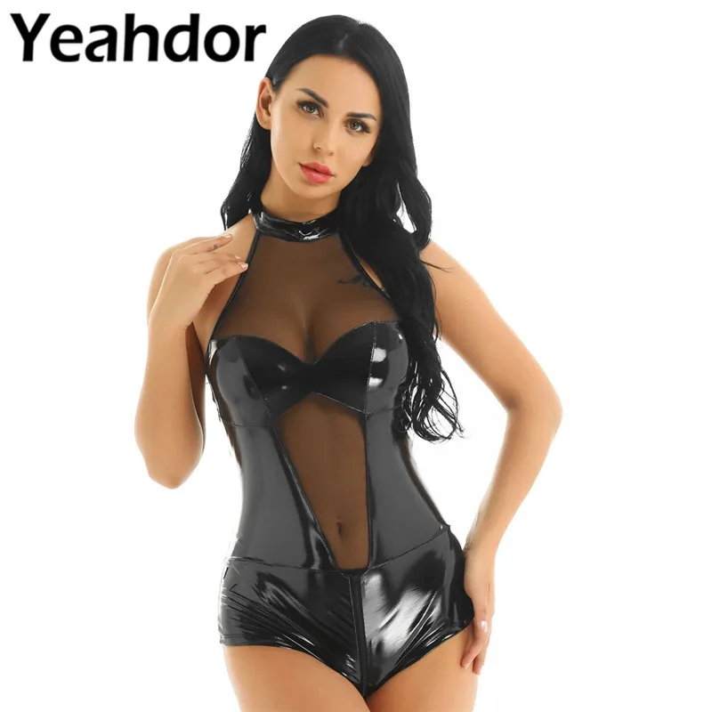 Сексуальное женское белье из искусственной кожи Wetlook цельное нижнее сетчатой