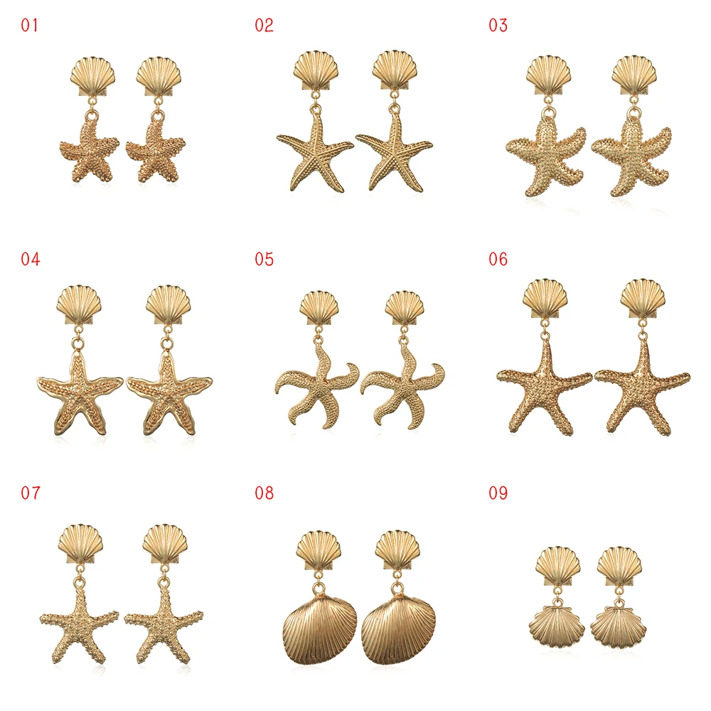 1Pair Summer Retro Fashion Shell Earrings Women Gold Color Geometric Irregular Starfish Conch Statement Jewelry Accessories