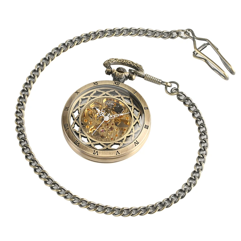 

Copper Open Face Hand Winding Mechanical Pocket Watch Luxury Steampunk Hollow Dial Analog Men's Pocketwatch with 30cm Chain 2020