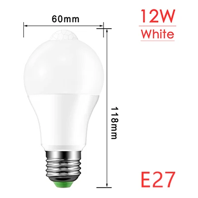 E27 12W cool white E27 B22 Лампа с датчиком движения, лампа с датчиком движения, светодиодный светильник с сумерками до рассвета, IP42, 12 Вт, 18 Вт, переменный ток, 110 В, 220 В, для ворот, коридора, умный ночной Светильник - Испускаемый цвет: E27 12W cool white