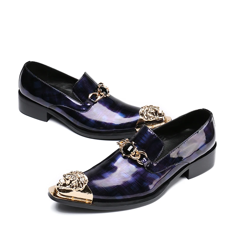

British Style Men Patent Leather Loafers Gold Metal Toe Wedding Oxfords Gold Chains Slip-on Slippers Men Dress Shoe Oxfords