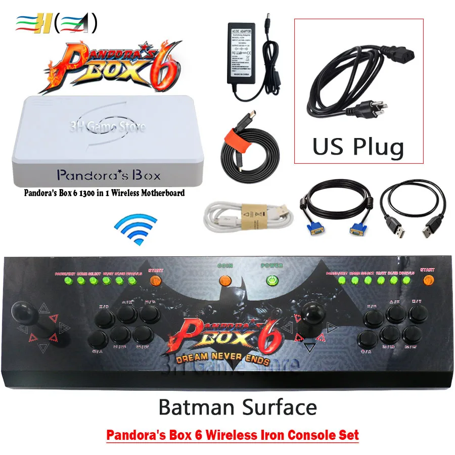 wireless batman US Оригинальная коробка Pandora 6 1300 в 1, аркадная консоль, беспроводная железная консоль, набор, 2 плеера, кнопки джойстика, HDMI, VGA, выход, ТВ, ПК, PS3 - Цвет: wireless batman US