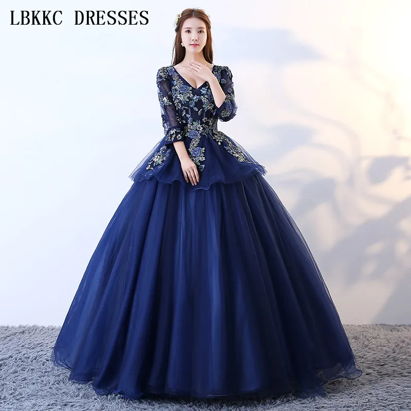 Vestido De 15 Anos темно синие пышные платья бальное платье с рукавом три четверти Debutante