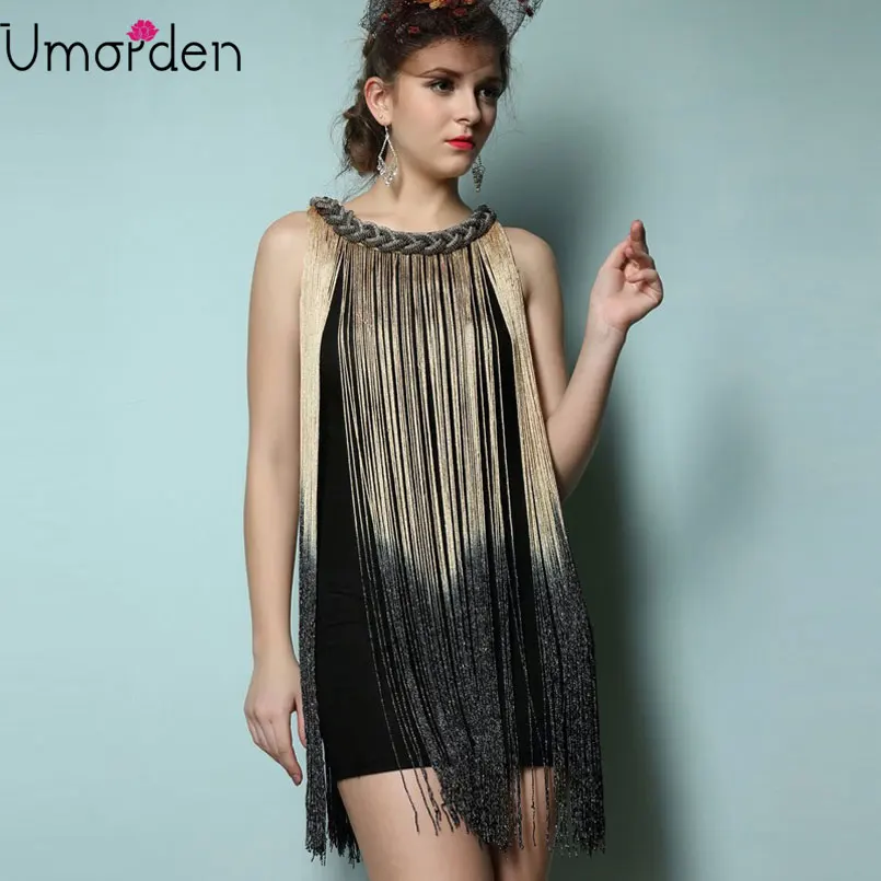 Металлические цепи шеи оборки платье с кисточками Для женщин 1920 s бахромой модное