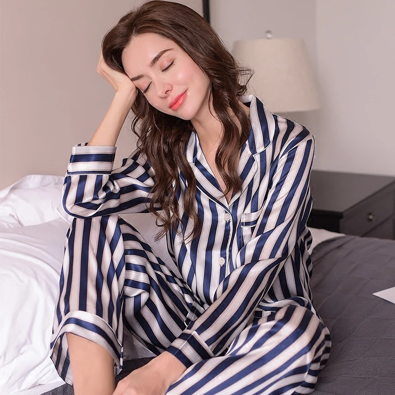 Fashion Genuine Silk Women Pajamas Striped Printed Long-Sleeve Pyjama Long Pants Sets 100% Silkworm Silk Sleepwear Female T8131