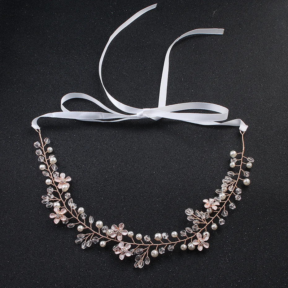 

Floralbride Rose Gold Color Rhinestones Crystals Pearls Flower Wedding Headband Bridal Hair Vine Hair Accessories Women