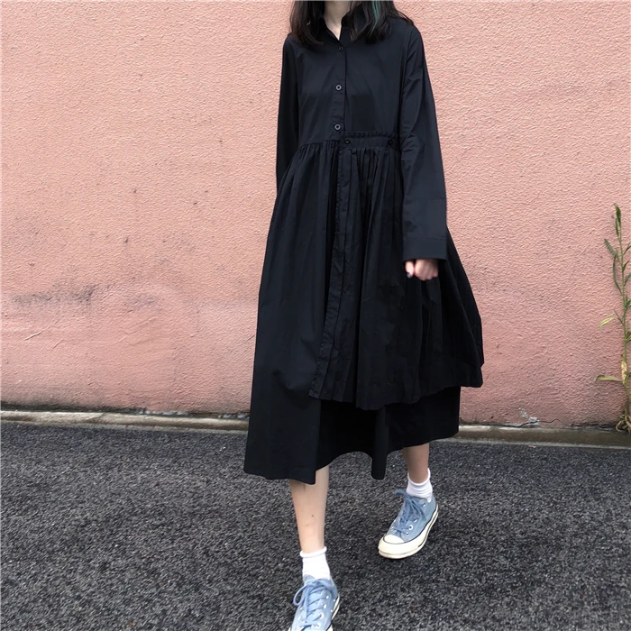 Женское платье рубашка с отложным воротником однотонное черное свободное в