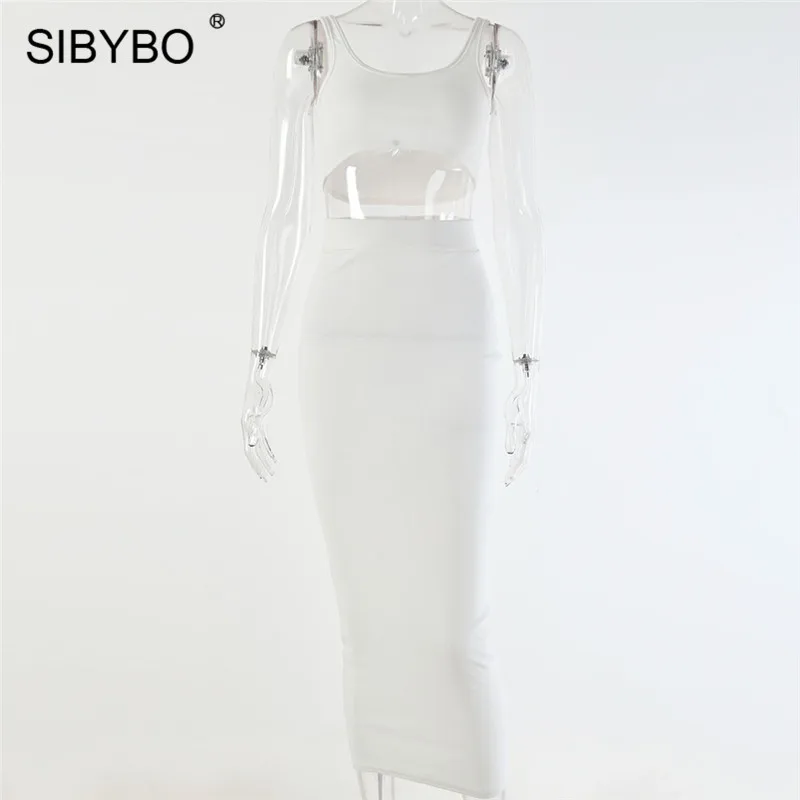 Белый Sibybo, Ребристое летнее платье без рукавов, комплект из двух частей, платье на бретельках, высокая талия, сексуальное облегающее платье, Пляжное повседневное длинное платье для женщин - Цвет: Белый
