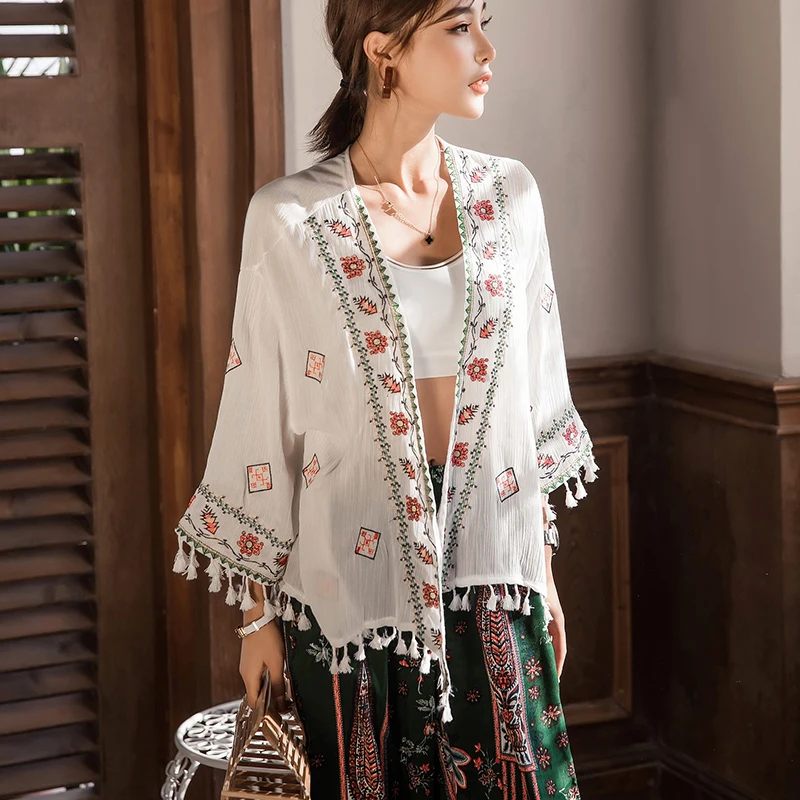 

KHALEE YOSE Summer Floral Embroidery Caidigan Blouse Top Long Flare Sleeve Women Blouses Tassels Hippie Beach Loose Outerwear