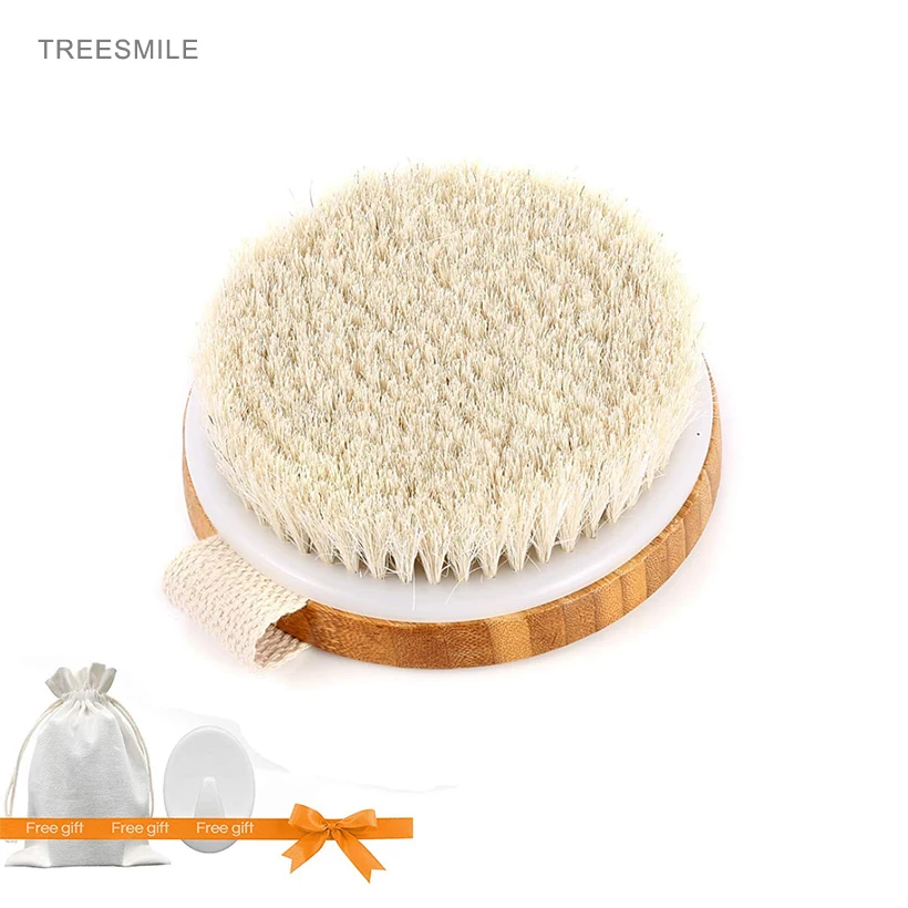 

2023 TREESMILE Hot Dry Skin Body Soft natural bristle Body Bamboo Round Massage Bath Brush SPA Body Brush without Handle D40