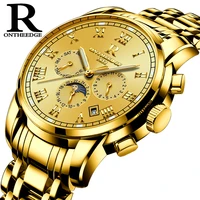 ontheedge man automatic watch pvd gold color moonphase chronograph luminous handdial solid stainless steel band relojes hombre