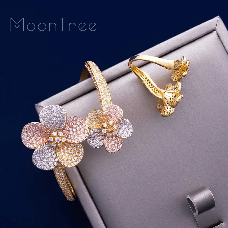 

MoonTree Flower Floral Fashion Luxury Super AAA Cubic Zirconia Women Engagement Bangle Ring Set Dress Jewelry Sets