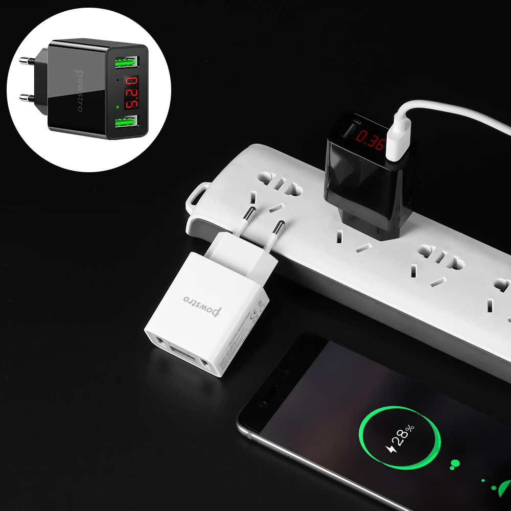 Универсальное настенное зарядное устройство Powstro с 2 usb портами светодиодный