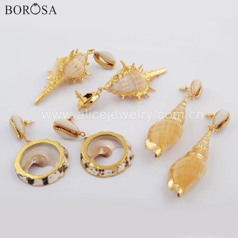 

BOROSA 5Pairs Handmade Bohemian Gold Color Natural Cowrie Shell & Conch Shell Drop Earrings Summer Ocean Beach Jewelry G1742