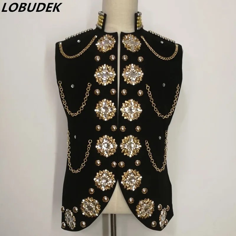 

Индивидуальные Жилет певец Stage бисером кристаллы стразы черный жилет бар для танцев в стиле хип-хоп для ночного клуба костюм