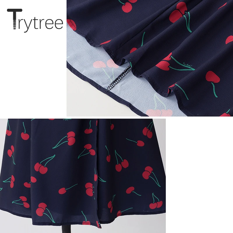 Trytree летнее платье женское Повседневное платье с принтом вишня с v-образным вырезом регулируемый пояс винтажное платье до середины икры ТРАПЕЦИЕВИДНОЕ ПЛАТЬЕ для отдыха