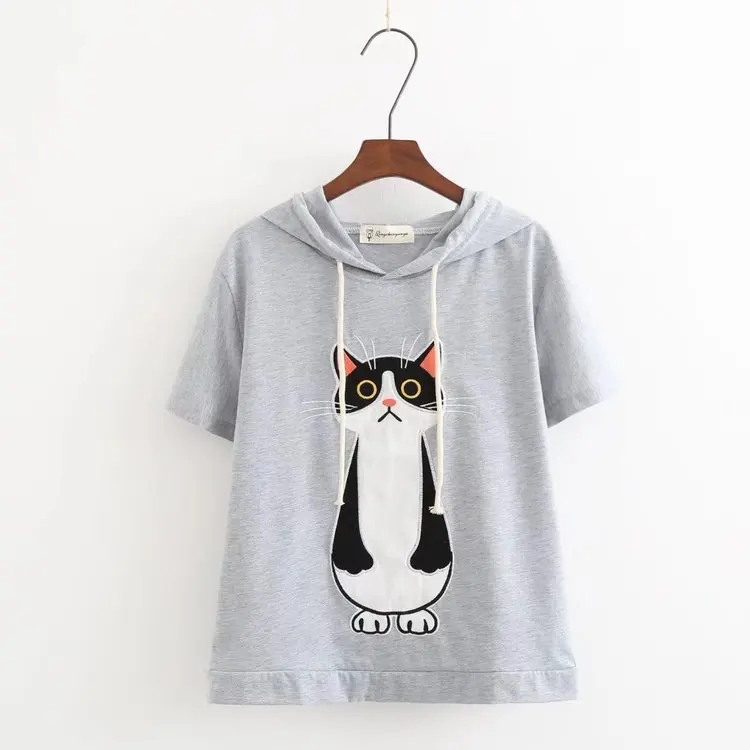Лето-осень 2017 футболка с вышитым котом из мультфильма женские Забавные милые
