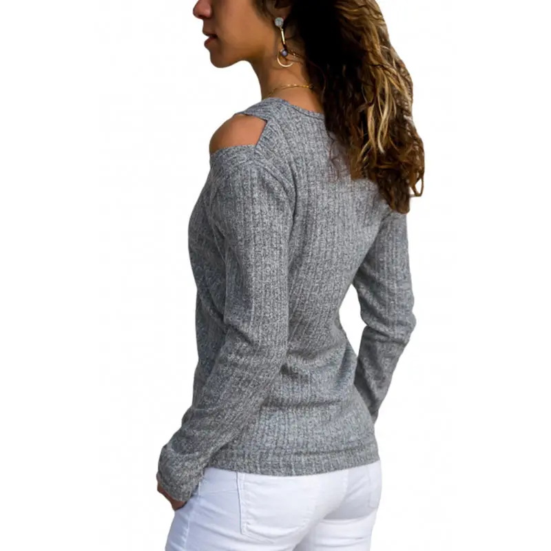 Pullover Female Rib Knit Long-Sleeved Top Winter Clothes Women V-Neck Cold Shoulder Sweater Casual Pure Color Autumn | Женская одежда