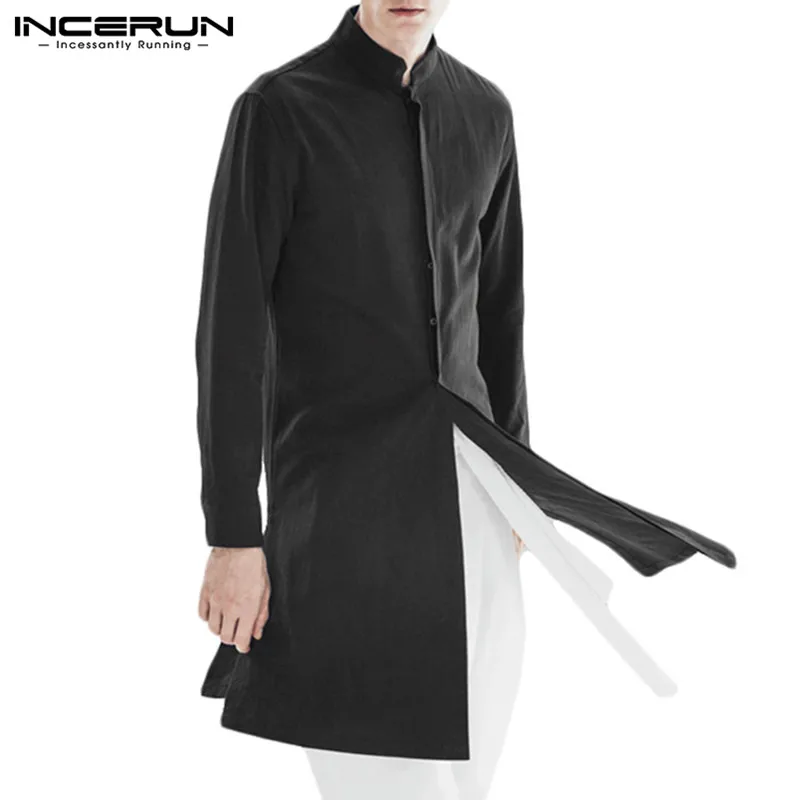 Black INCERUN мужские рубашки с длинным рукавом со стоячим воротником, хлопковый винтажный Топ для мужчин, Одноцветный индийский стиль, Повседневная Уличная мужская длинная рубашка, Hombre 5XL - Цвет: Black