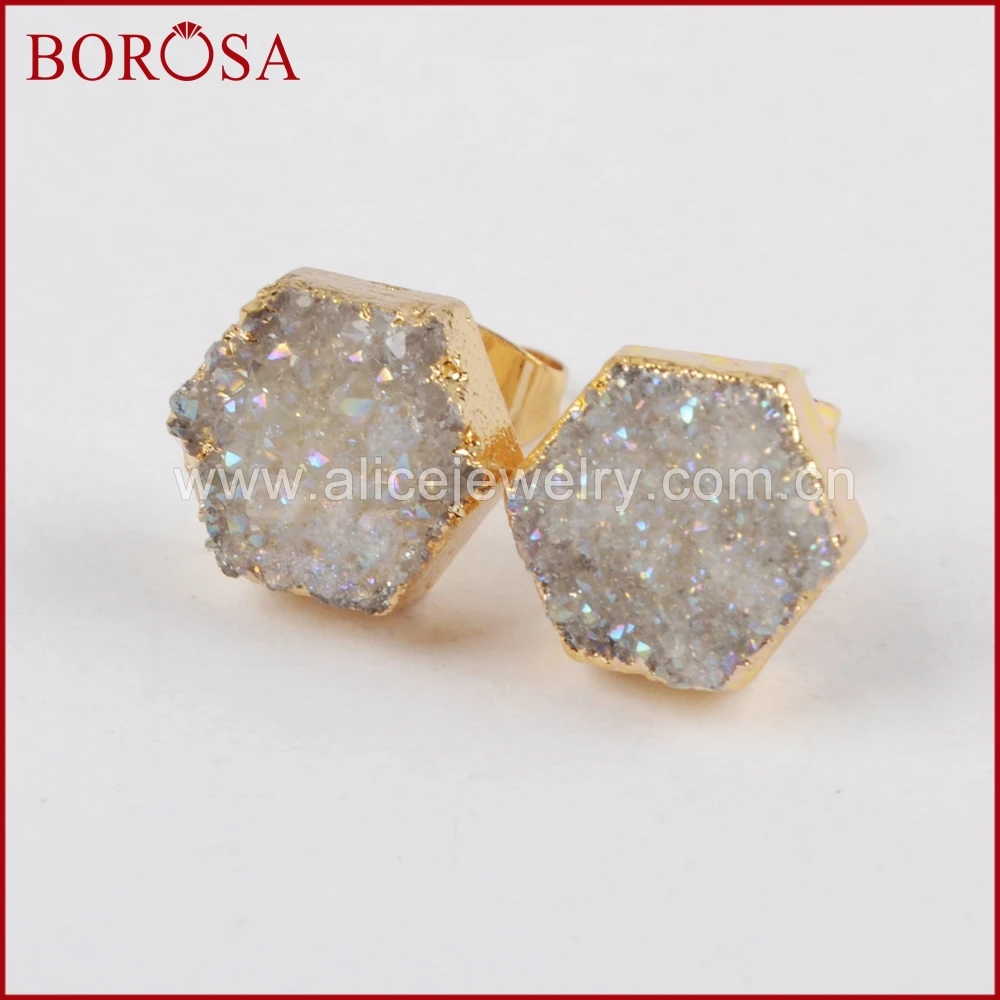 

BOROSA New Style Gold Color Hexagon Natural Crystal Titanium Mix Colors Druzy Stud Earrings for Women Drusy Jewelry G0907